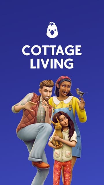 The Simsで3人のSimが牧歌的なコテージと牛の前でポーズをとり、田舎暮らしのライフスタイルを表現している
