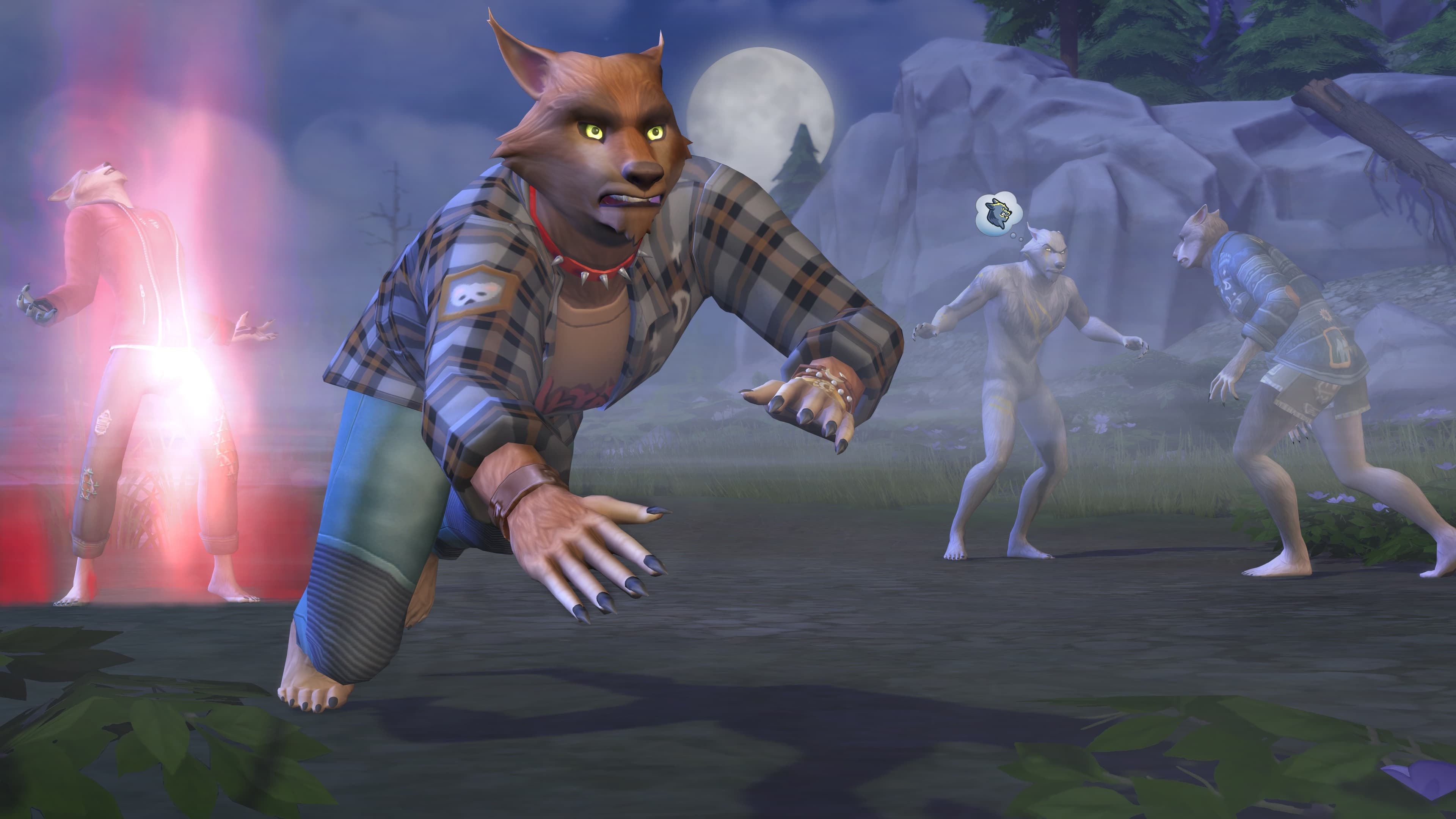 The Sims Werwolf-Sim in kariertem Hemd unter Vollmond mit anderen übernatürlichen Sims im Hintergrund.